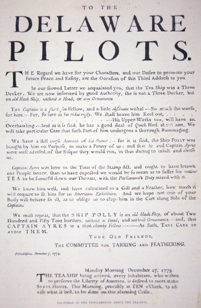 Faksimile av proklamasjonen fra Philadelphia-patriotene til Delaware-pilotene som advarer dem om ikke å forholde seg til det britiske teskipet, 7. desember 1773 (lito) av School American