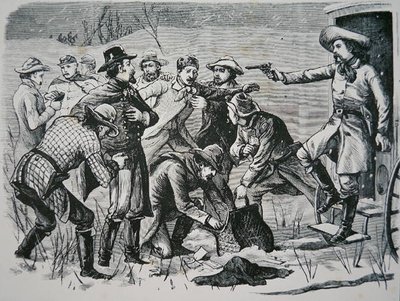Fire banditter overmanner og plyndrer to offiserer og syv soldater nær Bismarck, Dakota-territoriet, fra 
