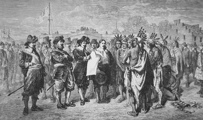 Guvernør Kieft slutter fred med indianerne i 1646 (litho) av School American
