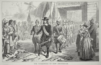 Guvernør Peter Stuyvesant overgir New Amsterdam til britene i 1664 (litho) av School American