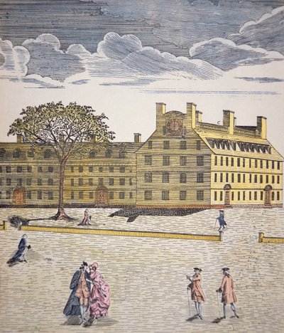 Harvard College, Cambridge, Massachusetts ca. 1740 (farge litho) av School American
