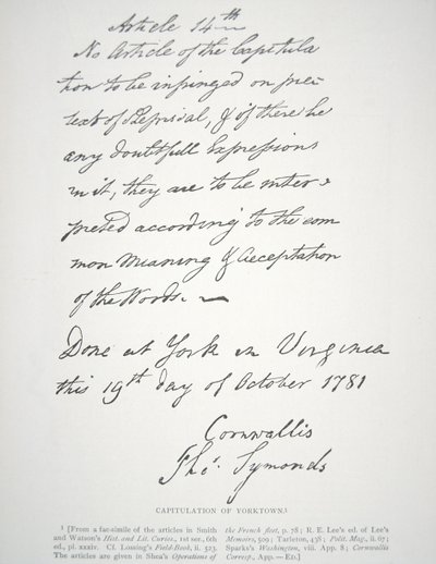 Kapitulasjonsbrev fra Yorktown, signert av Lord Cornwallis av School American