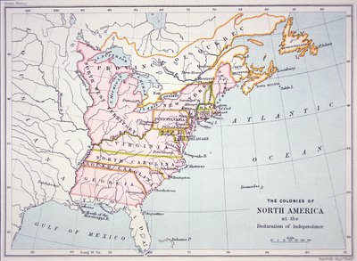 Kart over koloniene i Nord-Amerika på tidspunktet for uavhengighetserklæringen (fargegravering) av School American