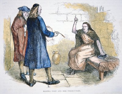Martha Corey er anklaget for hekseri under Salem-hekseprosessene i 1692 (farge litho) av School American