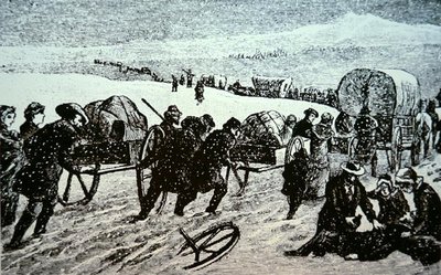 Mormonvogntog i en snøstorm på vei mot Salt Lake City, Utah (gravering) av School American