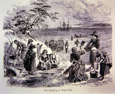 Pilgrim Fathers Land in America i 1620 - Landingen ved Cape Cod som viser kvinner i arbeid (litho) av School American