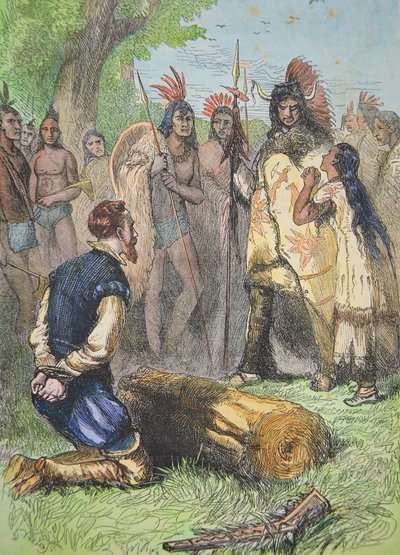 Pocahontas redder livet til John Smith (farget gravering) av School American