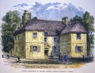 Residence til William Penn i Second Street, nedenfor Chestnut Street, Philadelphia (farge litho) av School American