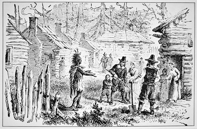 Samoset, sjef for Pemaquids besøker pilgrimsfedrene i 1621 (litho) av School American