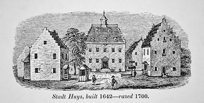 Den nederlandske Stadt Huys, New Amsterdam (New York), bygget i 1642 og rasert i 1700 (litho) av School American