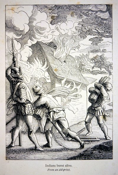 Spanjolene i Amerika brenner en indisk landsby (litho) av School American