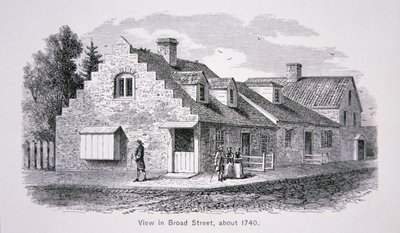 Utsikt over Broad Street, New York City ca. 1740 (litho) av School American
