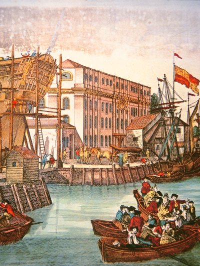 Utsikt over New York havn på midten av 1700-tallet (farge litho) av School American