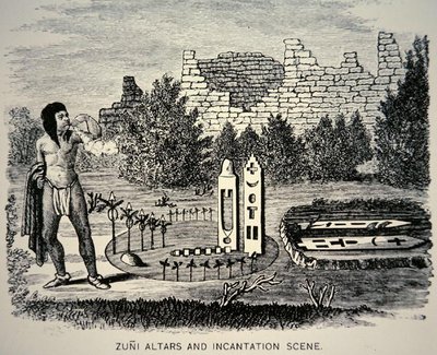 Zuni Tribesman blåser pollen over en Pueblo-helligdom (gravering) av School American