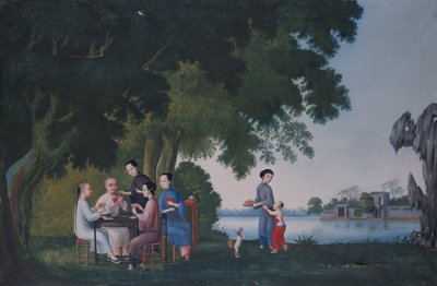 Kinesiske spillkort ved en elv (olje på lerret) av School Anglo Chinese