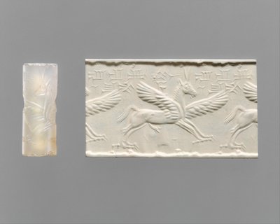 Cylinder seal and modern impression: winged horse with claws and horns, c.14th–13th century BC (chalcedony) av School Assyrian
