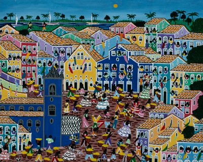 Naivt kunstmaleri som viser markedet, Bahia State, Brasil av School Brazilian