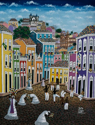 Naivt kunstmaleri som viser gatebilde, delstaten Bahia, Brasil av School Brazilian