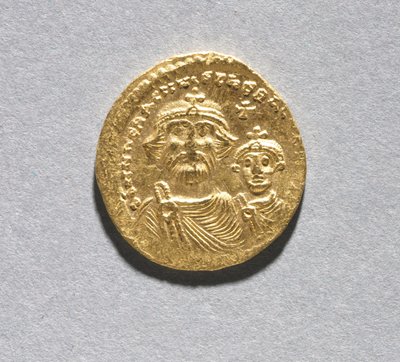 Solidus med Heraclius og hans sønn Heraclius Constantine (forside), c.616-625 (gull) (se CVL 499741 for bakside) av School Byzantine