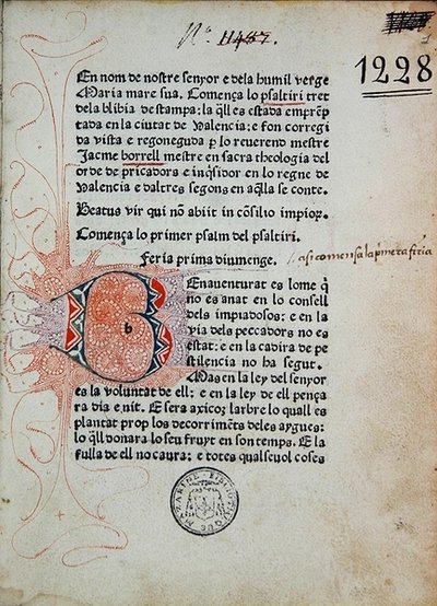 Inc 1228 Psalter of Boniface Ferrer, korrigert av Jaime Borrell, trykt av Nicolaus Spindeler i Barcelona i 1480 (trykk og blekk på papir) av School Catalan