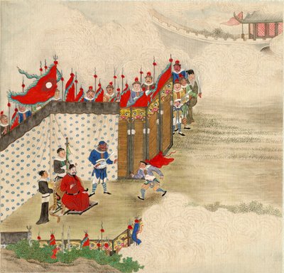 Kinesisk kunst: en kinesisk prins som mottar en budbringer Distemper på silke fra den kinesiske skolen rundt 1820 Dim 24,6 x 23,7 cm Privat samling av School Chinese