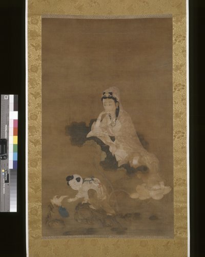 Avalokitesvara (Guanyin) På Lotus (blekk og farge på silke) av School Chinese