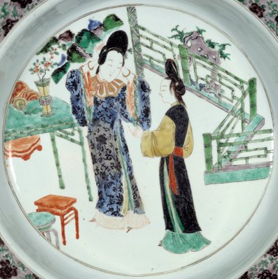Kinesisk kunst: "" To elegant stilte kvinner"" Keramisk tallerken fra 1700-tallet. Paris, Guimet-museet, Nasjonalmuseet for asiatisk kunst av School Chinese