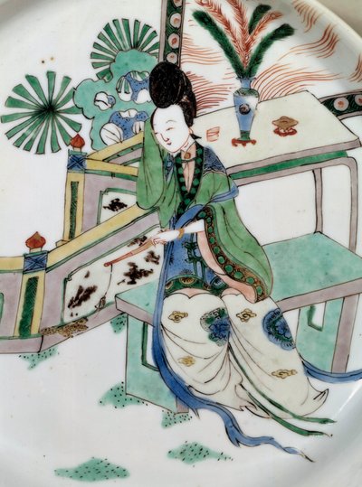 Kinesisk kunst: damen revers på en benk. Maleri på porselen fra 1700-tallet. Paris, Guimet-museet, Nasjonalmuseet for asiatisk kunst av School Chinese