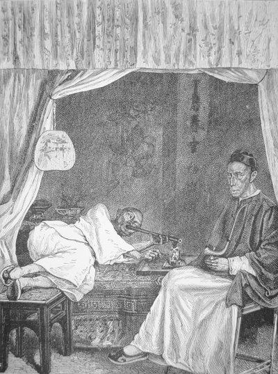 Kinesiske opiumsrøykere, gravering fra 1875 (litho) av School Chinese