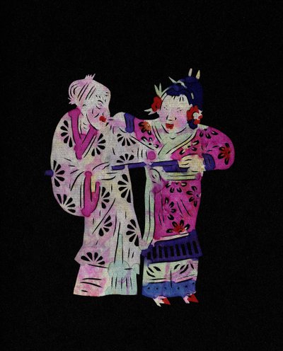 Par med gammel kvinne og en ung jente. Malt papirklipp eller «Jian Zhi», kinesisk folkekunst, Peking. av School Chinese