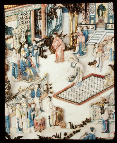 Detalj fra et panel som viser en dignitær som ser på en kvinnelig danser, Qianlong-perioden av School Chinese