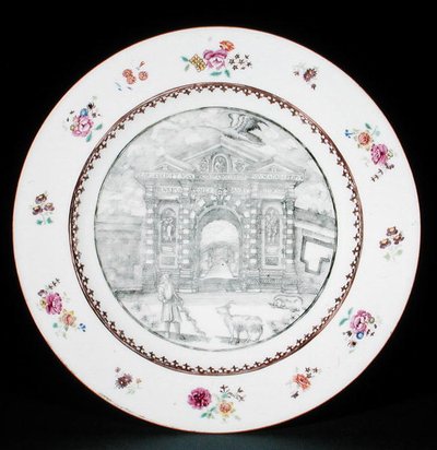 Middagstallerken dekorert en grisaille med Rose Famille-emaljer som viser Jacob Bobart (1599-1680) med en geit og en hund, Qianlong-periode (1736-95) (porselen) av School Chinese