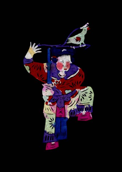 Kvinnelig figur som holder et sverd med en fugl. Malt papirklipp eller «Jian Zhi», kinesisk folkekunst, Peking. av School Chinese