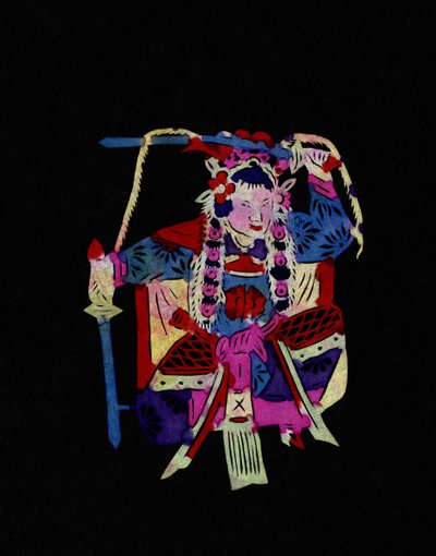 Kvinnelig figur fra Pekin-operaen med husker. Malt papirklipp eller «Jian Zhi», kinesisk folkekunst, Peking. av School Chinese