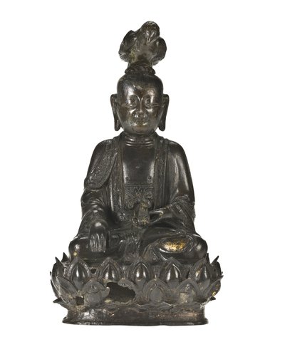 Figur av Guanyin, den kinesiske barmhjertighetsgudinnen sittende på en lotusdesignbase med en ravn på hodet og en kanin hvilende i venstre hånd av School Chinese