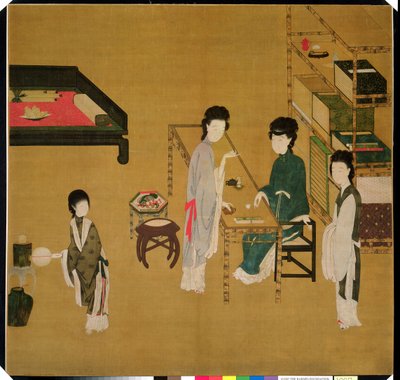 Interiørscene, sent på 1700- eller 1800-tallet (kinesisk svart blekk og sterkt påførte pigmenter på silke) av School Chinese