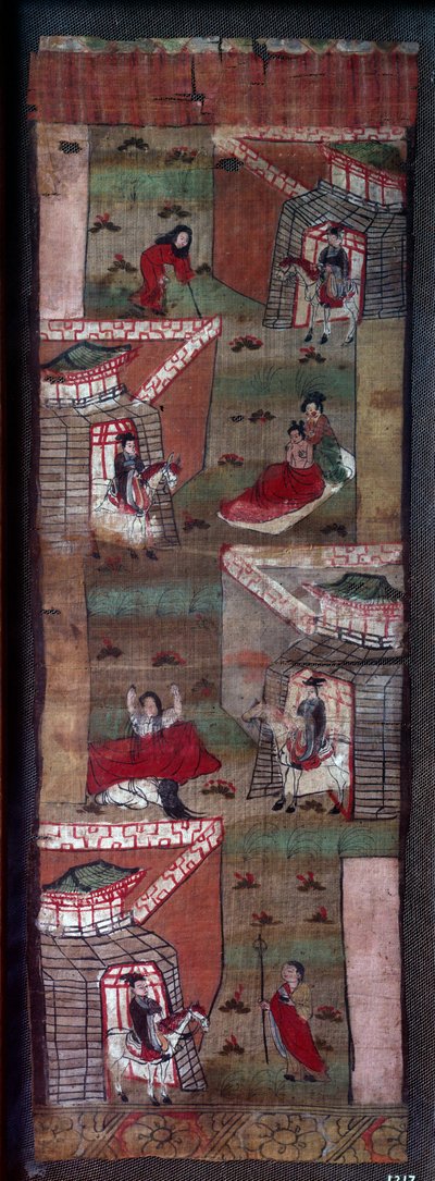 Life of Buddha: episode av de 4 møtene til Siddhartha: en gammel, en elendig, en syk og en grabatee. Maleri, 8. - 10. århundre, Tang-dynastiet. Paris, Musée Guimet av School Chinese