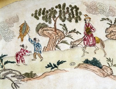 Edel kvinne på hesteryggen og barn som leker drage - kinesisk trykk, ca 1800 av School Chinese