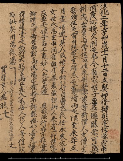 Eller. 8210, kontrakt datert til 20. desember 991 som bytter en slavepike i stedet for en gjeld av silke (pergament) av School Chinese
