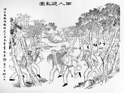 Boxer Rebellion: Europeere som kjemper mot bokserne. Illustrasjon publisert på Shanghai Journal Toung-Ouen-Hou-Pao.1899 ca. av School Chinese
