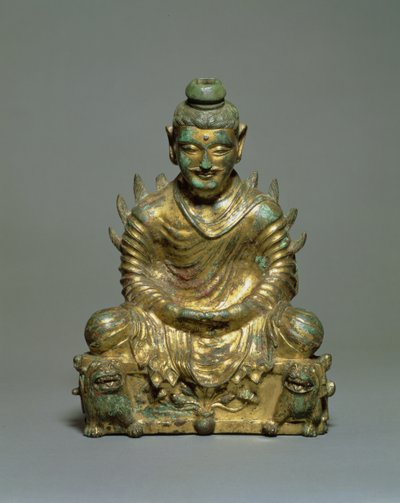 Sittende Buddha med flammende skuldre, Chinese Six Dynasties Period, Northern Wei-dynasty, 3.-5. århundre (forgylt bronse) av School Chinese