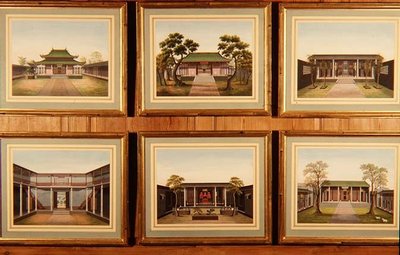 Sett med seks kinesiske paviljonger og gårdsscener, ca. 1780 (akvarell) av School Chinese