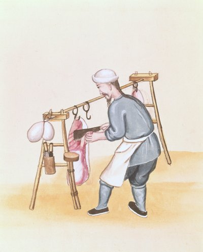 Kjøttselgeren, fra en bok om gaten i Peking, ca. 1785 (akvarell og gouache på papir) av School Chinese
