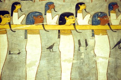 Det gamle Egypt, maleri, underverdenens guder bundet til Hathor, guddommelig ku, sleper solbarken, Ramses I#39;s grav, Theben av School Egyptian