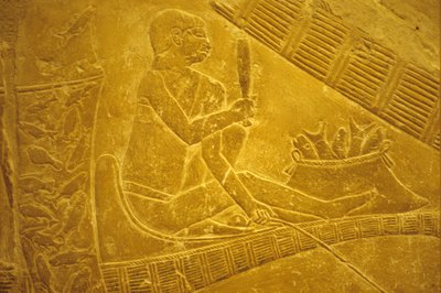 Det gamle Egypt, veggutskjæring/maleri, Mastaba/Idouts grav, Saqqara, Fiskere sitter på båter og fisker, 6. dynasti (bilde) av School Egyptian