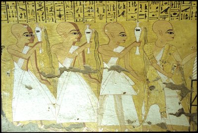 Det gamle Egypt, veggmaleri Inherkhaus grav, Theben, adelens grav, 20. dynasti, prester som skjenker drikoffer for Inherkhau (bilde) av School Egyptian