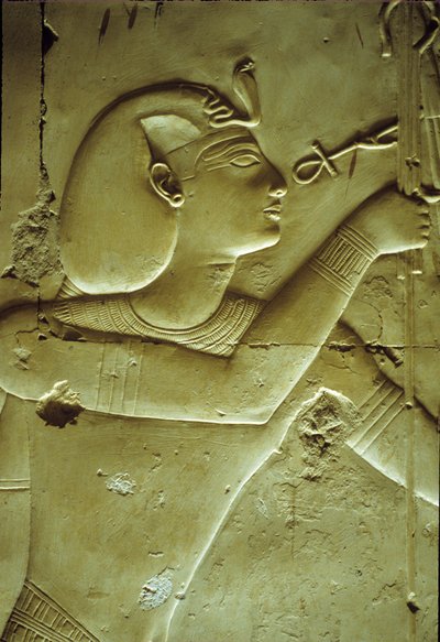 Det gamle Egypt, veggmaleri/utskjæring, Seti I som mottar liv, symbolisert ved ankhen, Seti I-tempelet, Abydos av School Egyptian