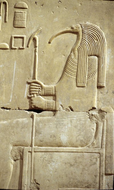 Det gamle Egypt, veggmaleri/utskjæring, The God Thoth, Temple of Seti I, Abydos av School Egyptian