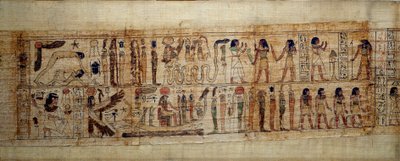 Gammel egyptisk kunst Mytologisk Papyrus av Serimen. På toppen: under skapelsen av verden er guden Geb (Jorden) skilt fra gudinnen Nout (himmelen); guder og genier fra videre. Nedenfor: Serimen hyller solen som flommer over med sin ra av School Egyptian