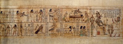 Gammel egyptisk kunst Mytologisk Papyrus av Serimen. Øverst: Serimen elsker guden Osiris representert ved sitt emblem i byen Abydos. De dødes sjel i form av en fugl flyr over mumien hans sett av gudinnene Isis (til venstre) og Nephtys (til høyre) av School Egyptian